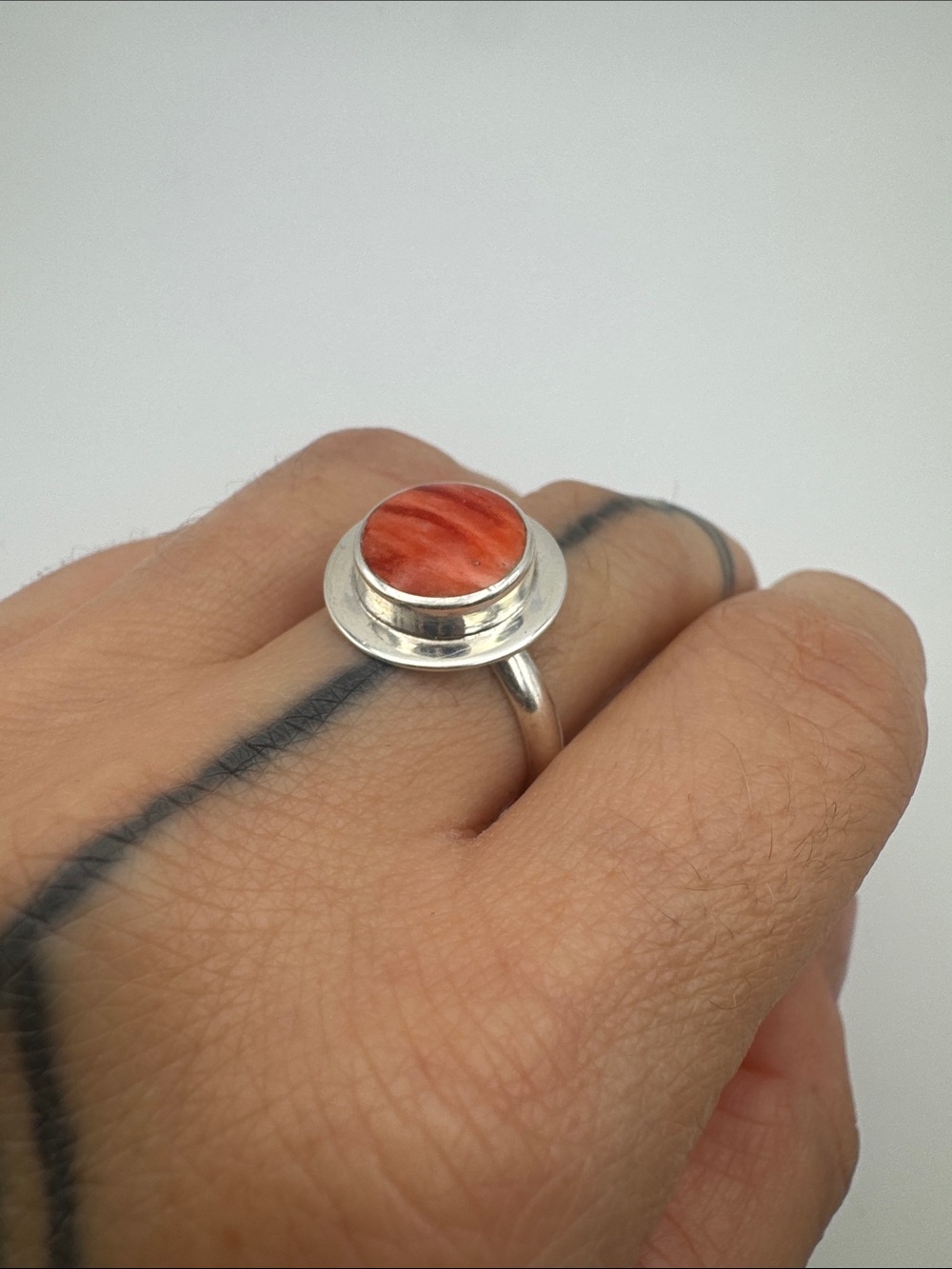 Sterling Silver Red Coral Cabochon Ring